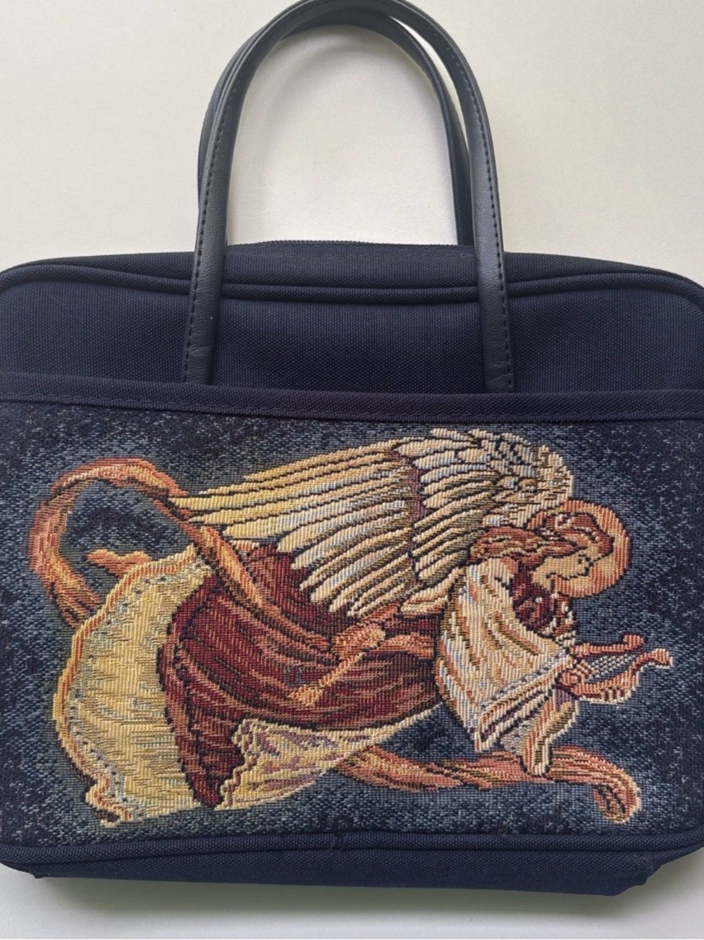 Tapestry Angel Bible Bag in Navy with Gold & Brown Embroidery